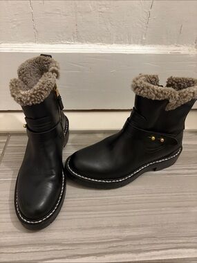 rag & bone Ashford Black Leather Shearling-Trim Ankle Boots